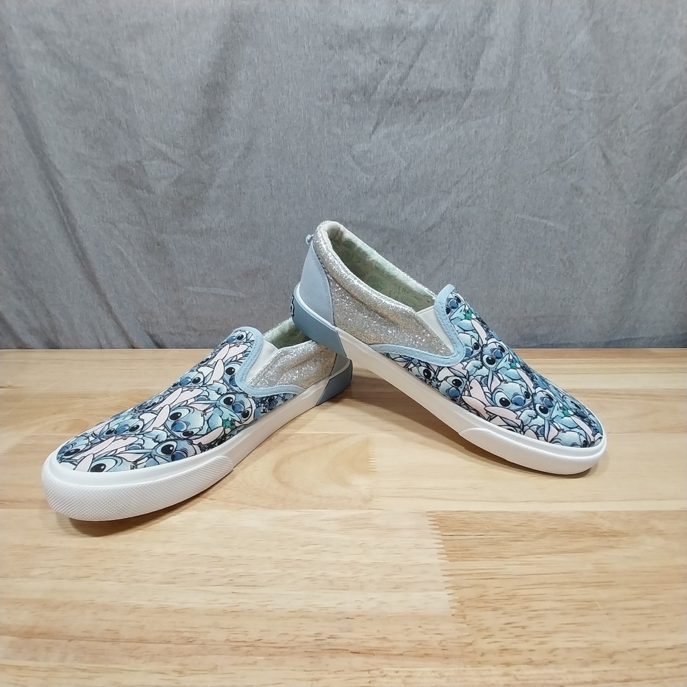Disney Stitch Slip On Sneakers Womens Glitter Canvas 6 Blue Silver Ground Up
